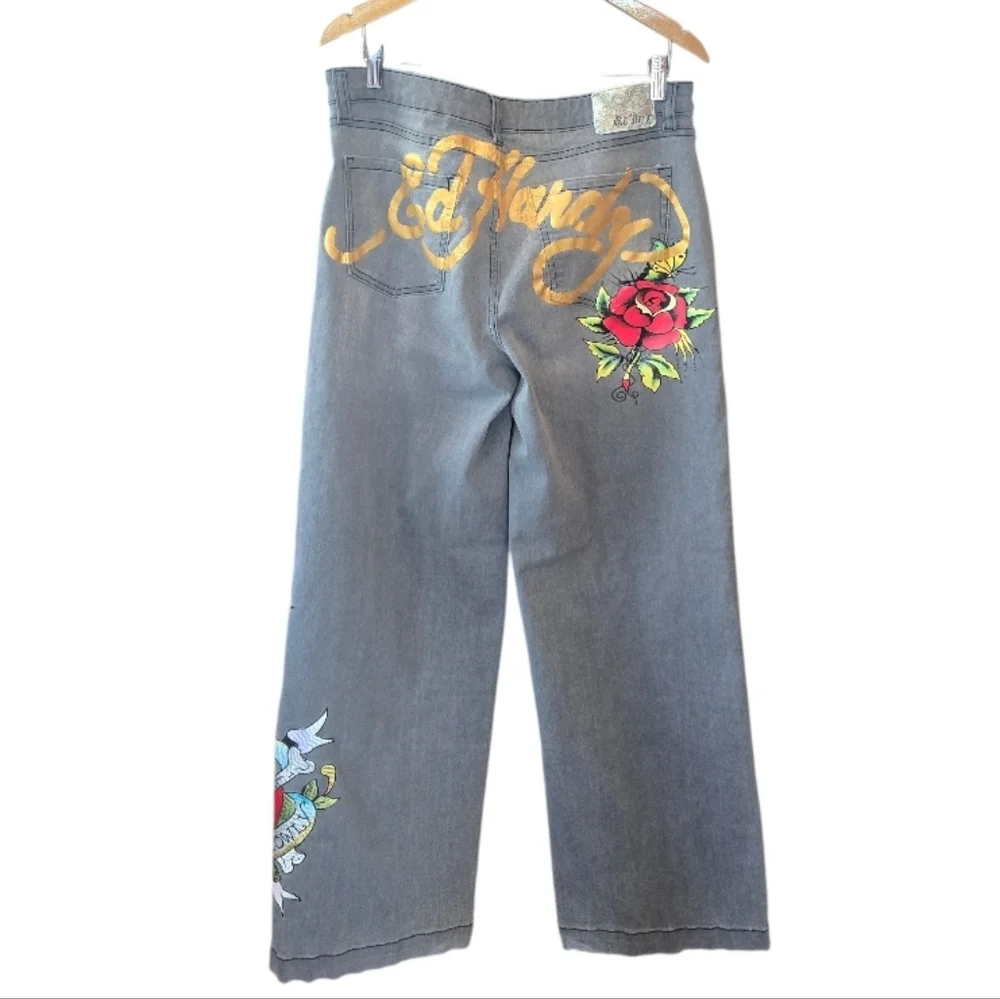 Ed Hardy High Rise Light Gray Embroidered Tattoo Rose Heart Wide Leg Jeans 32